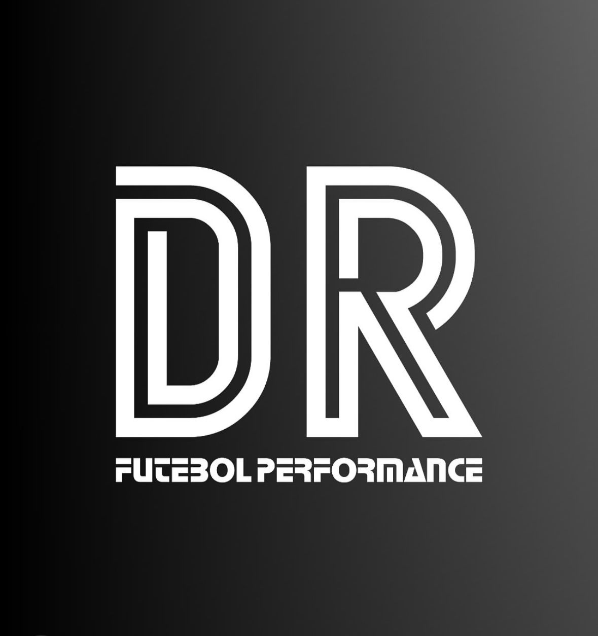 Logo with stylized white letters "DR" on a black background, featuring the text "Futebol Performance" in a futuristic font.